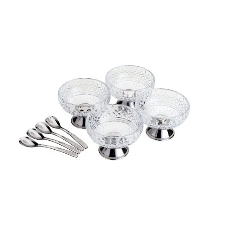 CJ 4 BOWLS VIDRO C/4 COLHERES P/SOBREMESA LYS PRATA