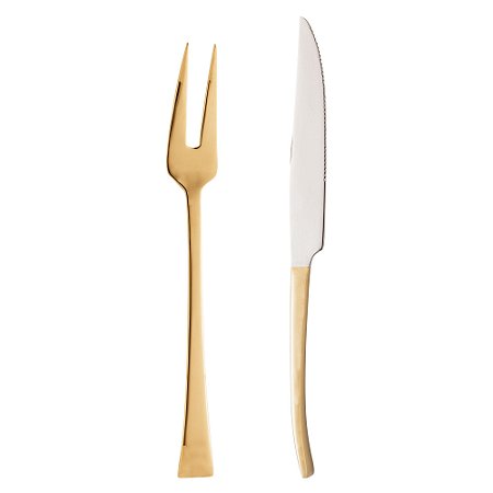 CJ 2PC FACA E GARFO AÇO INOX P/ASSADO BERNA DOURADO