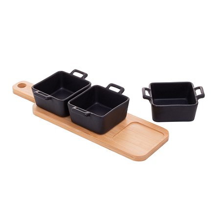 CJ 3 PETISQUEIRAS PORCELANA PRETA C/BANDEJA BAMBU 28x8x6cm