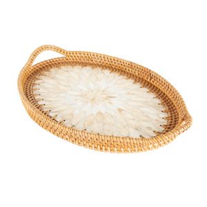 BANDEJA DECORATIVA MADREPÉROLA BRANCA 37x25x6cm