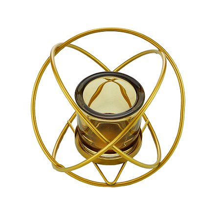 PORTA VELA VIDRO C/SUPORTE METAL DOURADO 14x10cm