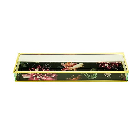 BANDEJA DECORATIVA VIDRO FLORAL PRETA 31x8x3cm