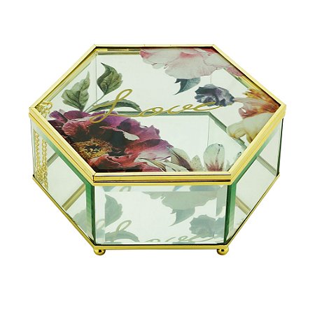 CAIXA DECORATIVA VIDRO FLORAL 19x16x8cm