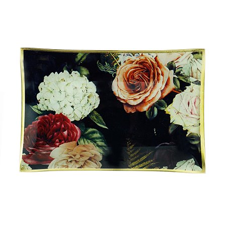 BANDEJA DECORATIVA VIDRO FLORAL PRETA 15x22x2cm
