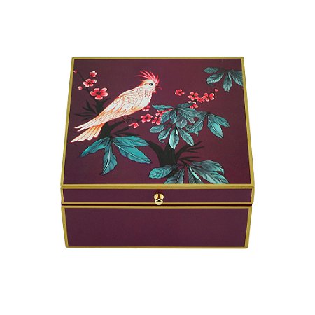 CAIXA DECORATIVA MADEIRA FLORAL ROXO 18x19x9cm