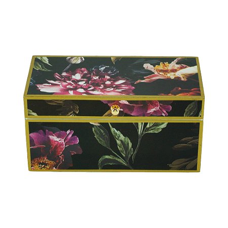 CAIXA DECORATIVA MADEIRA FLORAL PRETA 18x10x9cm