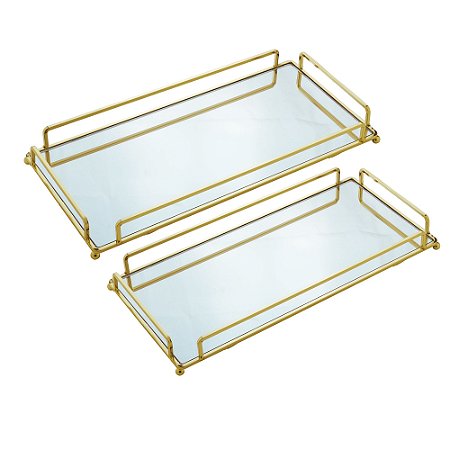 CJ 2 BANDEJAS DECORATIVAS METAL DOURADA 36x20x5cm/34x16x4cm