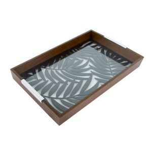 BANDEJA MADEIRA C/VIDRO LEAVES PRETA 47x32x5cm
