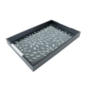 BANDEJA MADEIRA C/VIDRO FLOWERS PRETA 47x32x5cm