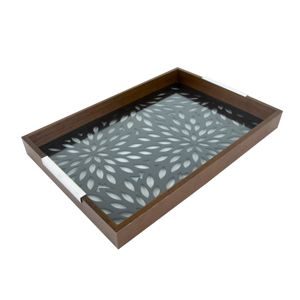 BANDEJA MADEIRA C/VIDRO FLOWERS PRETA 47x32x5cm