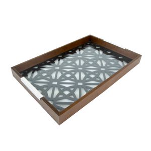 BANDEJA MADEIRA C/VIDRO GEO PRETA 47x32x5cm