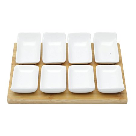 CJ 8 PETISQUEIRAS DE PORCELANA C/TABÚA DE BAMBU 25x20,5x4cm