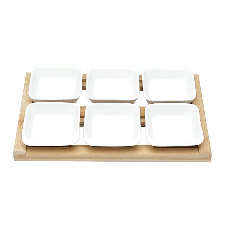 CJ 6 PETISQUEIRAS DE PORCELANA C/TABÚA DE BAMBU 33,5x15,5x3,5cm