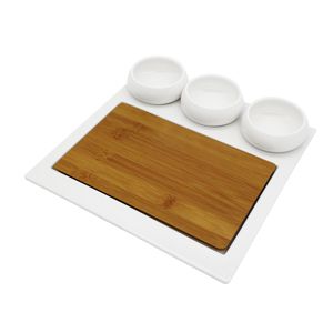 CJ 3 PETISQUEIRAS DE PORCELANA C/TÁBUA DE BAMBU 27x5cm