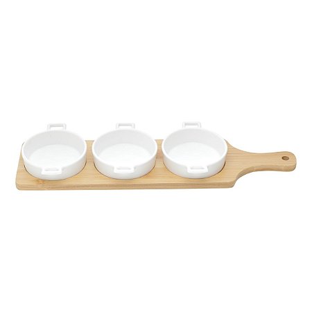 CJ 3 PETISQUEIRAS DE PORCELANA C/TÁBUA DE BAMBU 39x11,5x4cm