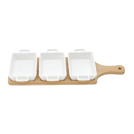 CJ 3 PETISQUEIRAS DE PORCELANA C/TÁBUA DE BAMBU 36x15x4cm