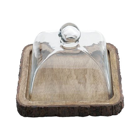 QUEIJEIRA DE MADEIRA C/TAMPA DE VIDRO 18,5x18,5x14cm