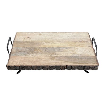 BANDEJA RETANGULAR DE MADEIRA P/SERVIR C/SUPORTE DE METAL 44x33x11cm
