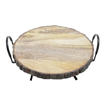 BANDEJA REDONDA DE MADEIRA P/SERVIR C/SUPORTE DE METAL 34x32x12cm