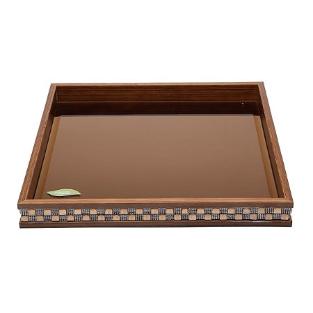 BANDEJA DE MADEIRA C/VIDRO BISOTÊ DIAMOND MARROM 26,5X26,5X4cm
