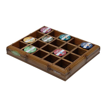 CAIXA DE MADEIRA PARA 20 CÁPSULAS TRÊS CORAÇÕES COM ESPELHO BAMBU 27,5X22X4cm