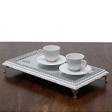BANDEJA DE MADEIRA C/ESPELHO BALL BRANCA 34,5X19X4,5cm