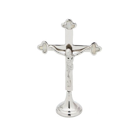 CRUCIFIXO EM LATÃO COM BASE COM MADRE PÉROLA 19 CM