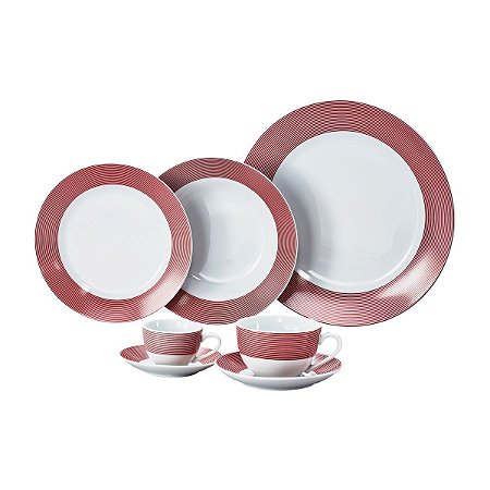 JG DE JANTAR DE PORCELANA SUPER WHITE LINHAS VERMELHAS 42PC