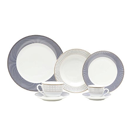 JG DE JANTAR DE PORCELANA SUPER WHITE GEOMÉTRICO AZUL 42PC