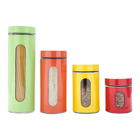 CJ 4PC PORTA MANTIMENTOS DE AÇO INOX E VIDRO COLORIDO