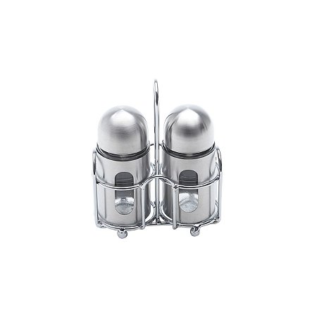 CJ 3PC SALEIRO E PIMENTEIRO DE AÇO INOX E VIDRO ROUND