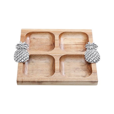PETISQUEIRA QUADRADA DE ACÁCIA ABACAXI PRATA 20,5X20,5X2CM[