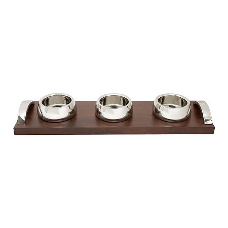 BANDEJA DE MADEIRA C/ 3 BOWLS DE AÇO INOX BAMBERG