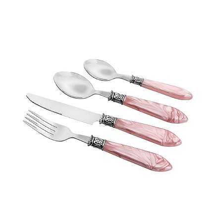FAQUEIRO 24PC AÇO INOX CABO PLÁSTICO MOTHER PEARL ROSA LUXO