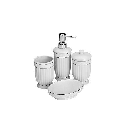 CJ 4PC P/BANHEIRO DE CERÂMICA GREECE BRANCO E PRATEADO