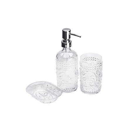 CJ 3PC P/BANHEIRO DE VIDRO FLOR DE LIS TRANSPARENTE