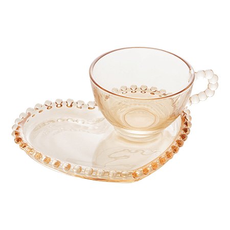 XÍCARA CHÁ CRISTAL C/PRATO CORAÇÃO PEARL ÂMBAR 180ml