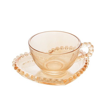 CJ 4 XÍCARAS CHÁ CRISTAL C/PIRES CORAÇÃO PEARL ÂMBAR 180ml