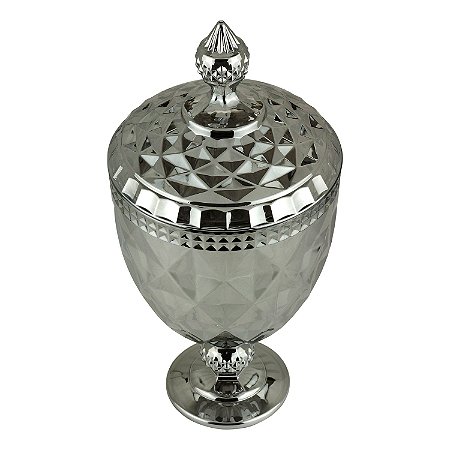 POTICHE CORATIVO C/PÉ CRISTAL DIAMOND CINZA METALIZADO 15x32