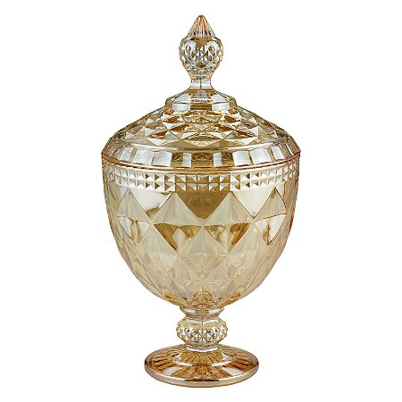 POTICHE CORATIVO C/PÉ CRISTAL DIAMOND ÂMBAR METALIZADO 15x28