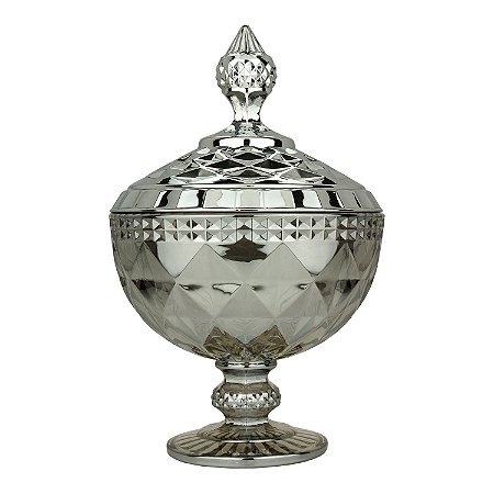 POTICHE CORATIVO C/PÉ CRISTAL DIAMOND CINZA METALIZADO 15x23