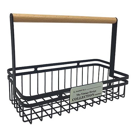 CESTA TALHERES COPOS FERRO MADEIRA 25X11X18CM PRETO