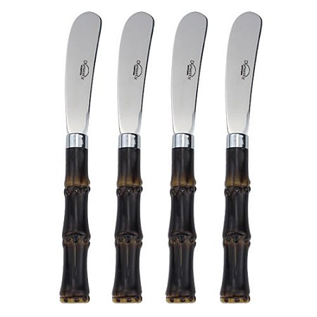 JOGO DE 4 ESPATULAS BAMBU EM ACO INOX COM CABO PLASTICO ESTILO BAMBU ESCURO E EMBALAGEM PVC