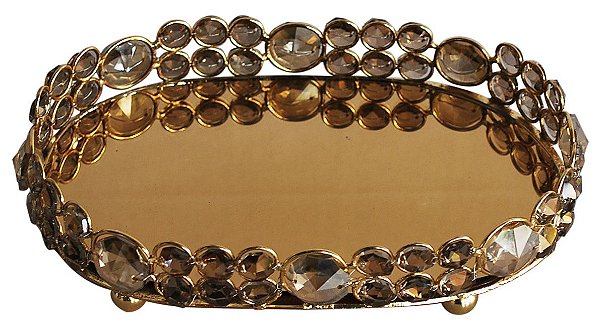 BANDEJA CHAMPANHE OVAL EM METAL E VIDRO ESPELHADA 24X16X5CM
