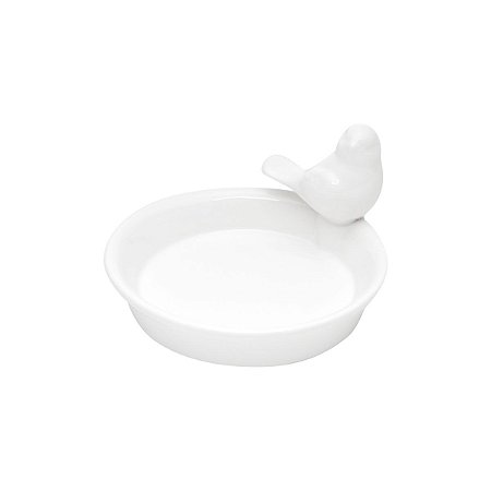 PRATO DECORATIVO C/PÁSSARO DE CERÂMICA BRANCO 13x10cm