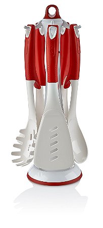 JOGO DE 5 UTENSILIOS EM NYLON COM SUPORTE BRANCO E VERMELHO