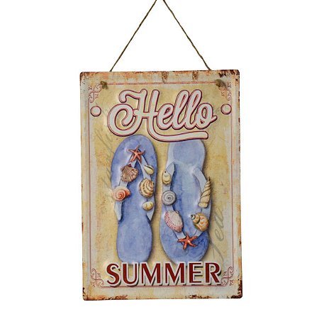 PLACA DECORATIVA BEACH HELLO EM FERRO L28XA40CM
