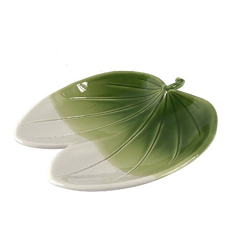CENTRO MESA FOLHAG  PORCELANA 18,5X16X3CM VERDE E BRANCA