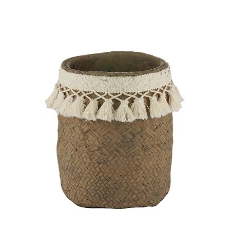 VASO DECORATIVO CIMENTO TASSEL PALHA 17x21cm