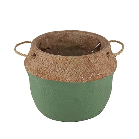 VASO DECORATIVO CIMENTO C/ALÇA VERDE/PALHA 21x18cm